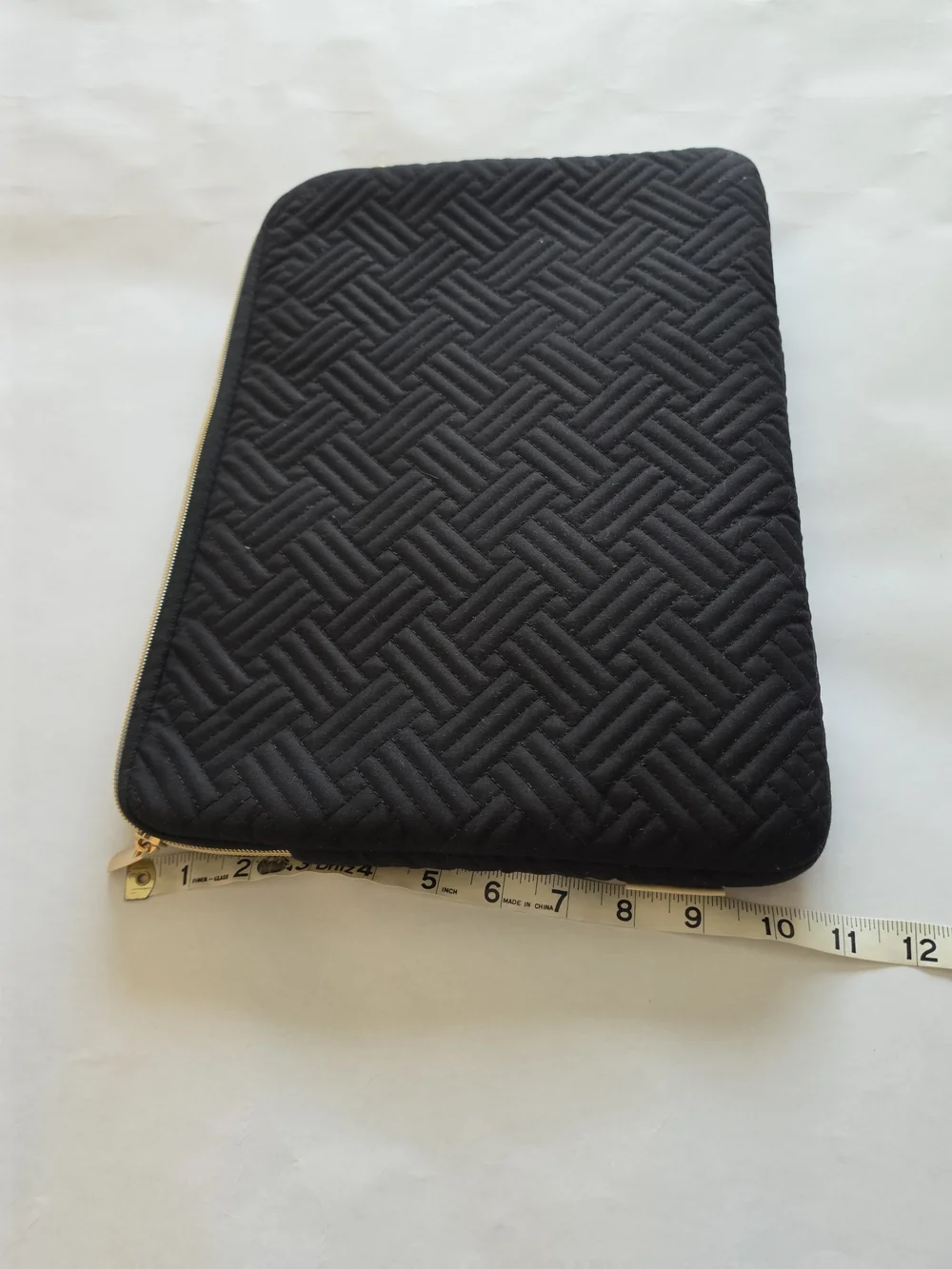 Black Quilted Laptop Sleeve with Gold Zip Closure